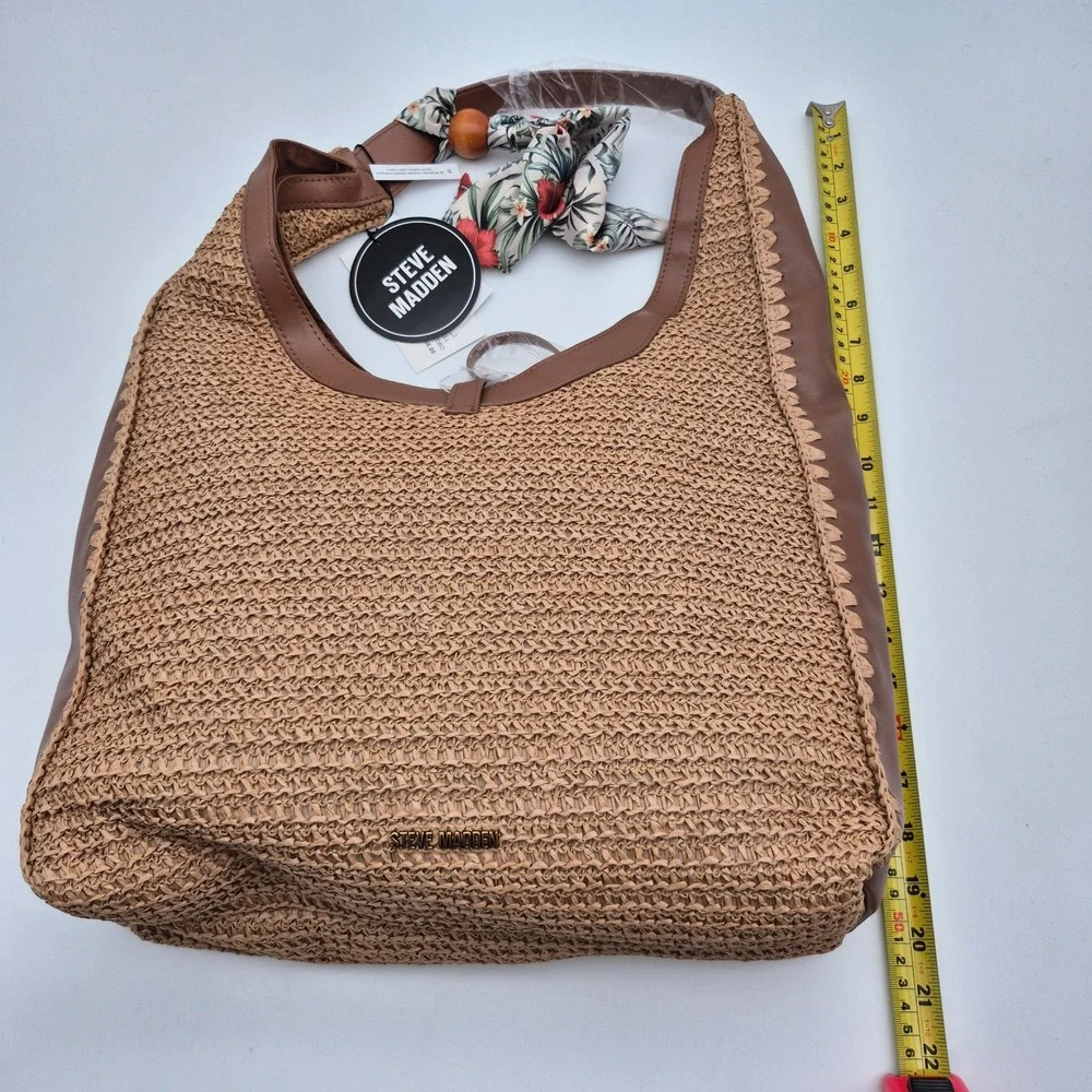 Steve Madden Bfreya Woven Hobo Shoulder Tote Bag Brown Sand Tan Magnetic Closure
